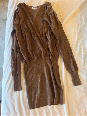 SUPERDOWN Sparkle Brown Wrap-Style Long Sleeve Sweater Dress